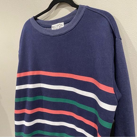 Wildfox Oversized Striped Casual Fleece Lined Crew Neck Pull Over Sweater Navy X - Picture 5 of 7